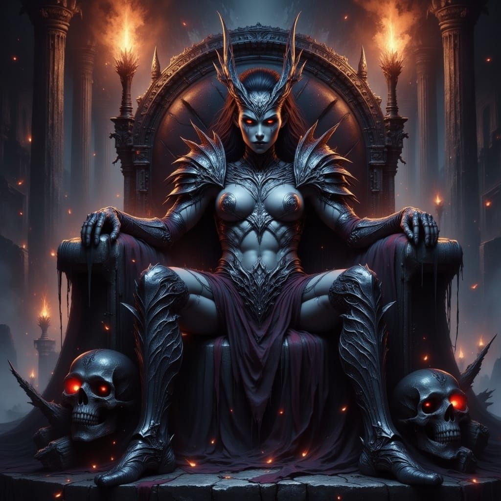 Drow Warrior Queen on Skull Throne in Dark Fantasy Style
