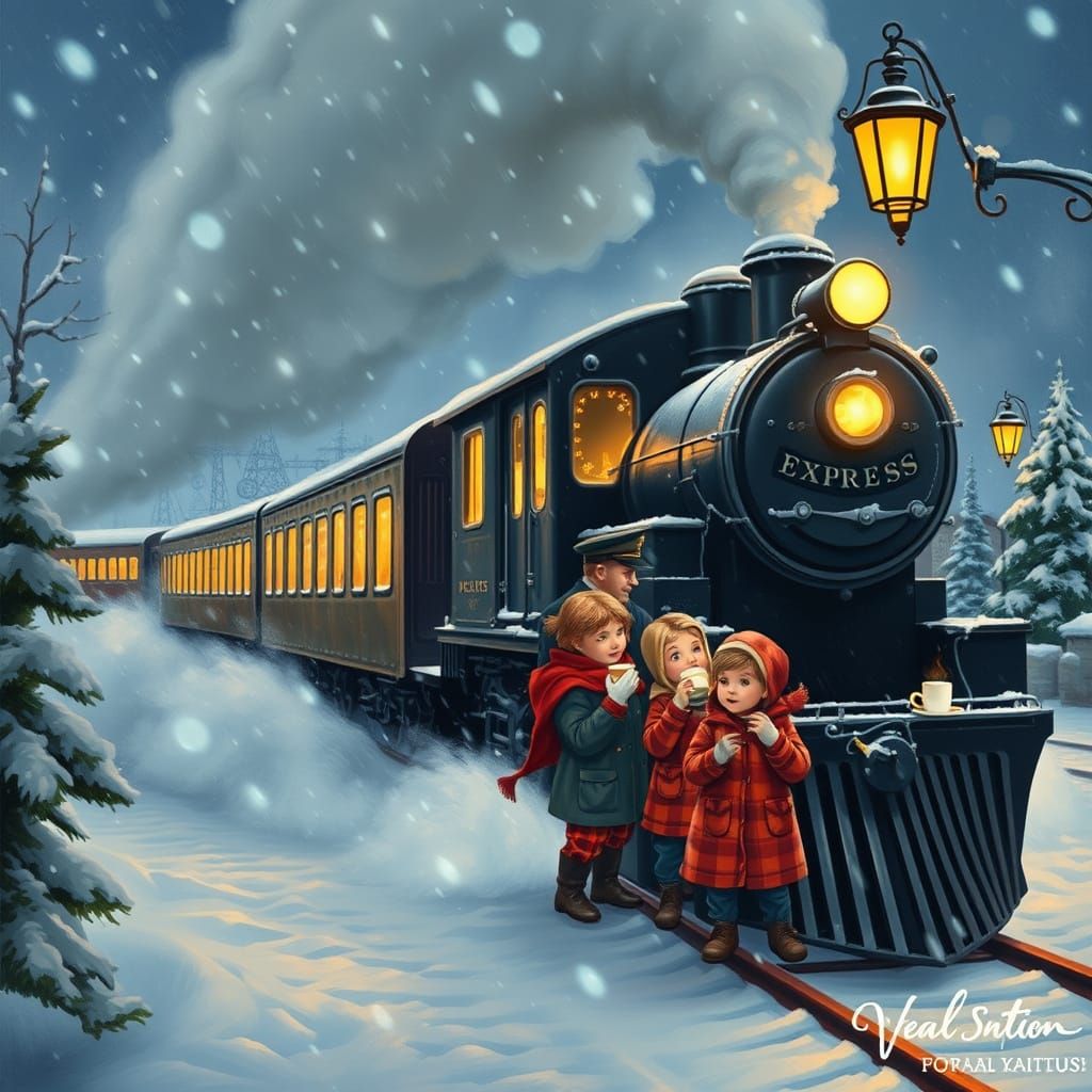 Polar Express in Snowstorm: A Rockwell-esque Christmas Scene