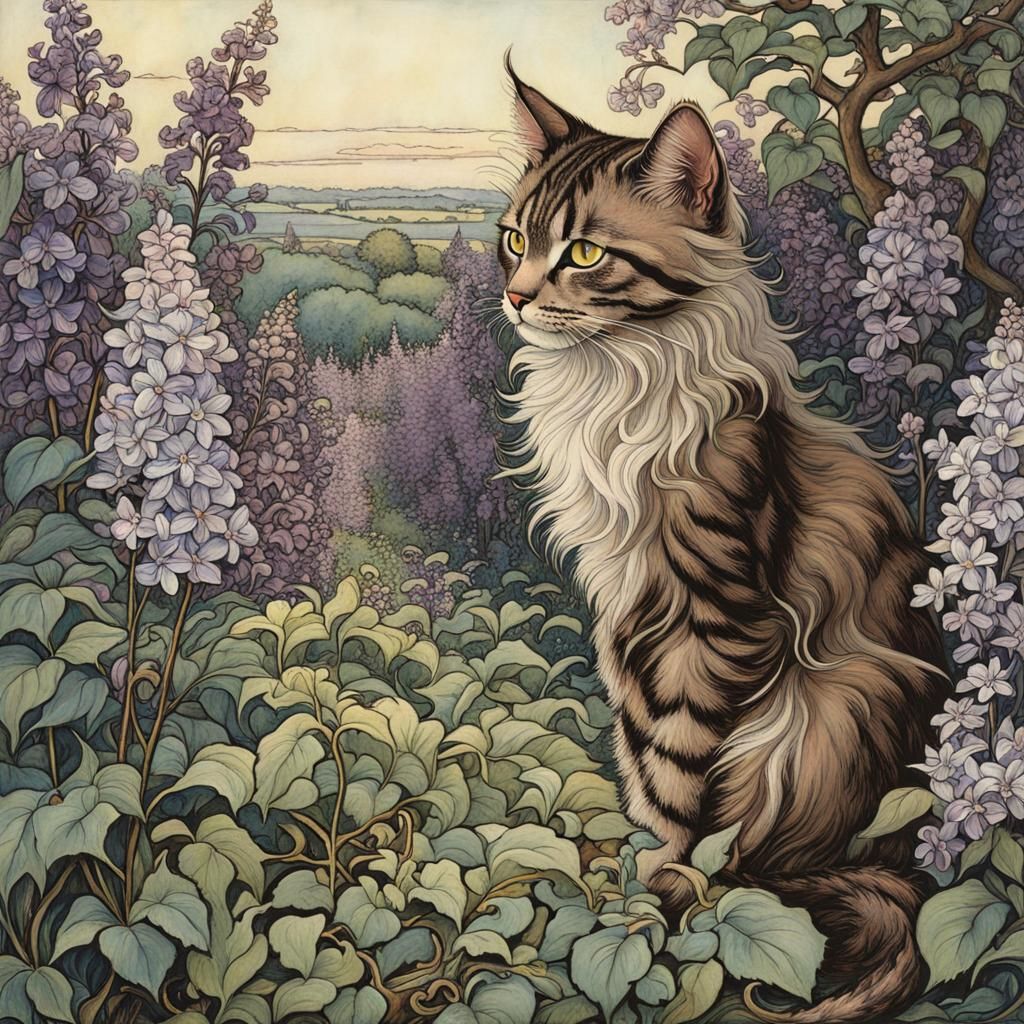 Chocolate Cat in Lilac Garden, Fairy-Tale Illustration