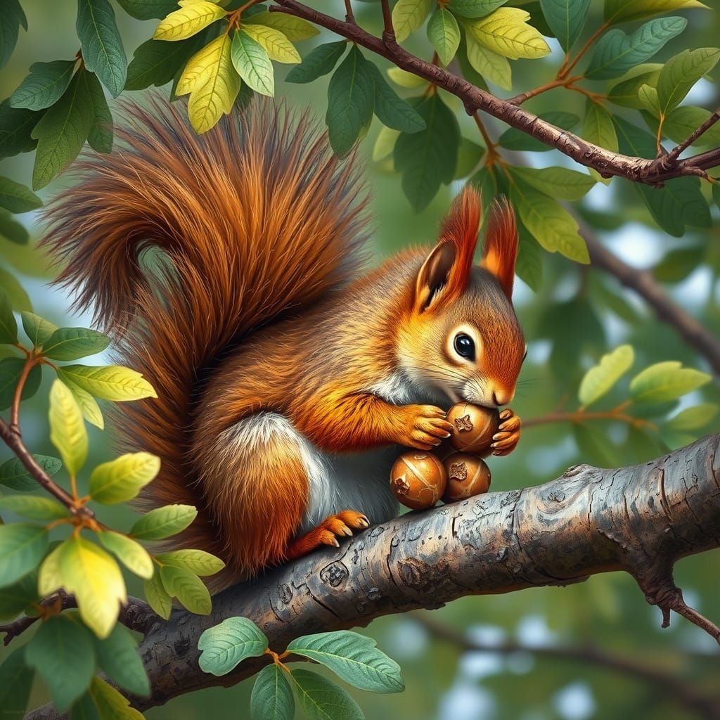Squirrels Stealing Nuts on Oak Branch