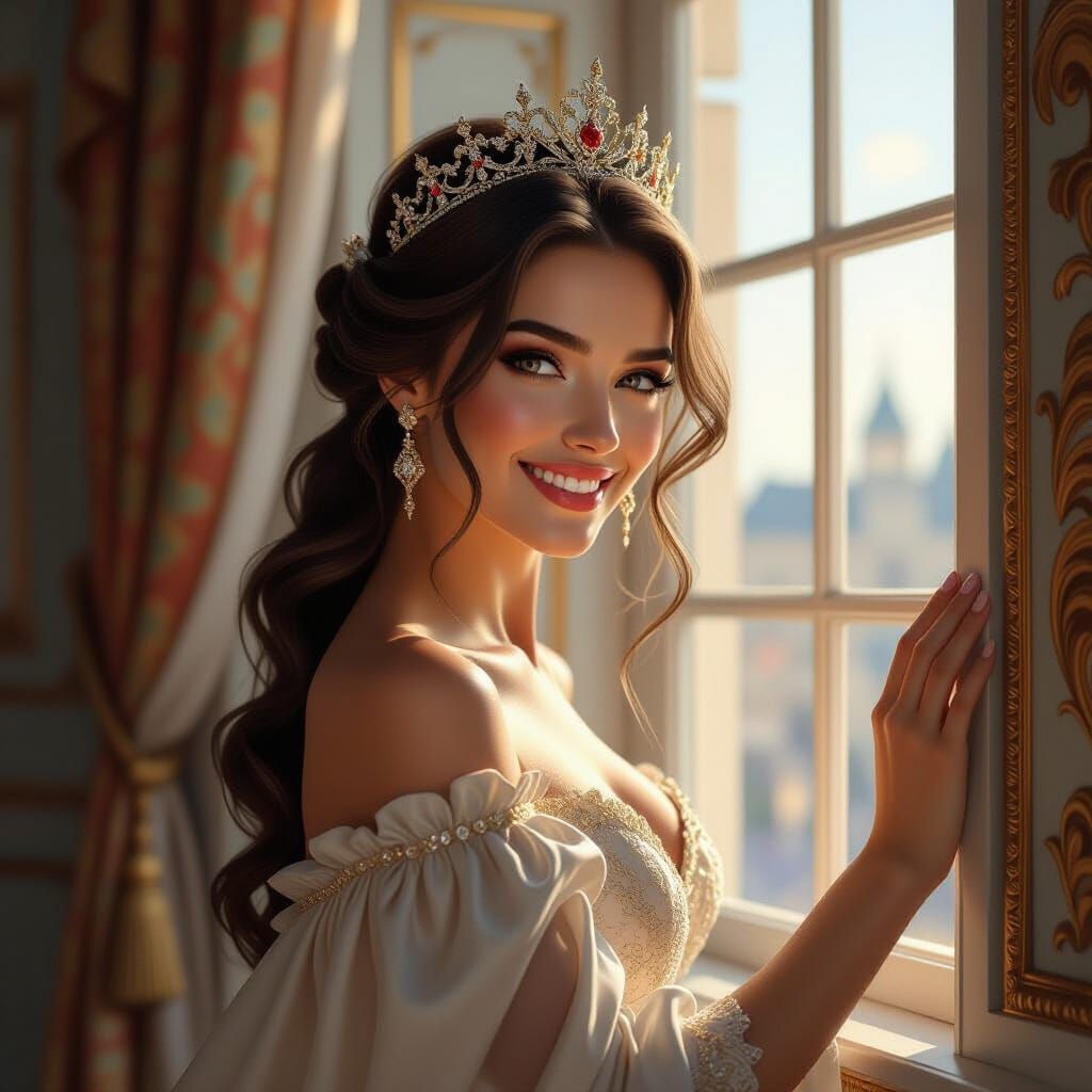 Happy Queen in Royal Palace Window, 8k Concept Art