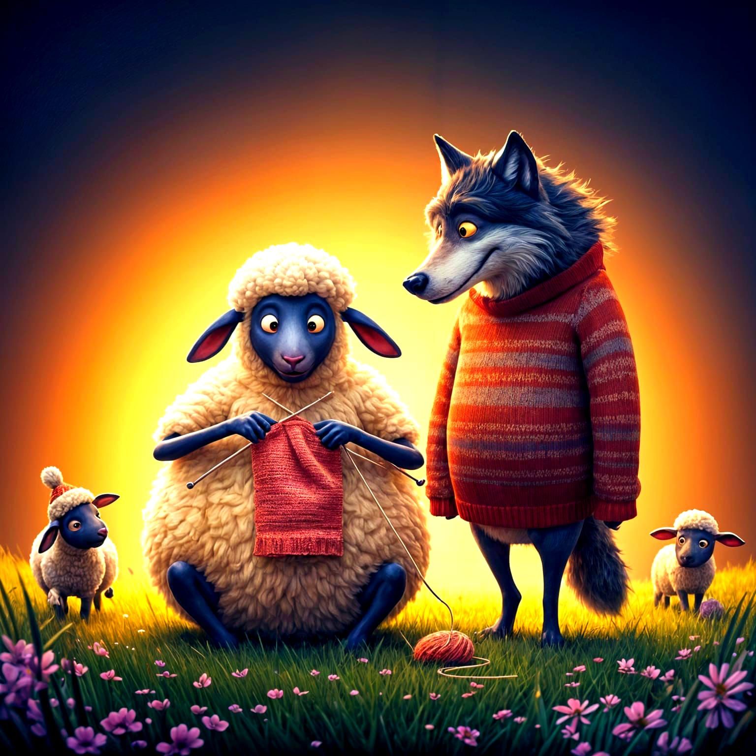 Sheep Knits Sweater for Wolf in Whimsical Meadow