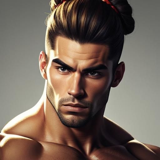 Young muscular man, wearing hair in a bun