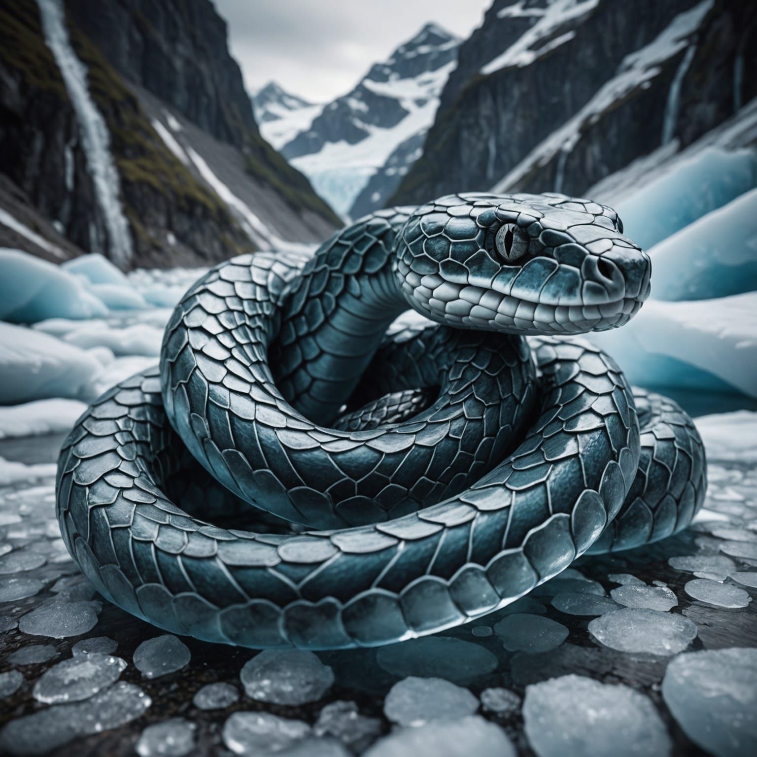 Hyperrealistic Glacier Ice Snake Sculpture