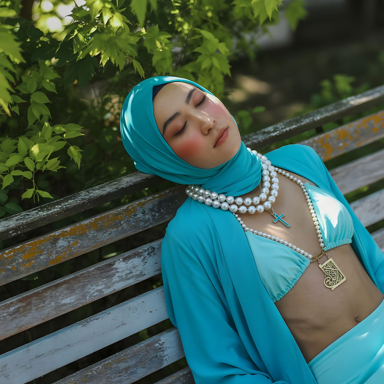 Woman in Hijab and Pearl Bikini Sleeping Peacefully