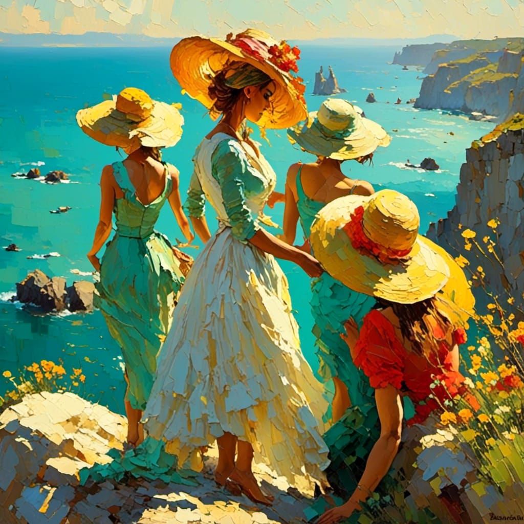 Impressionist Coastal Scene with Figures in Summer Attire