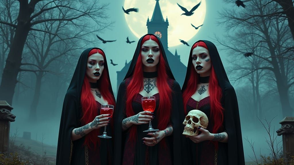 Gothic Vampire Women Pose in Front of Medieval Church