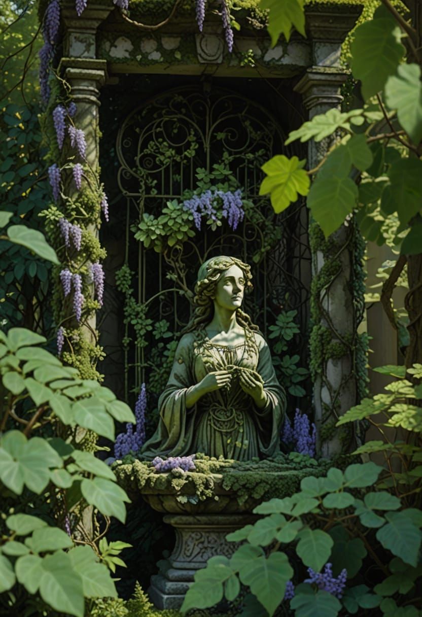 Mossy Marble Sculpture with Flowers in Sunlight