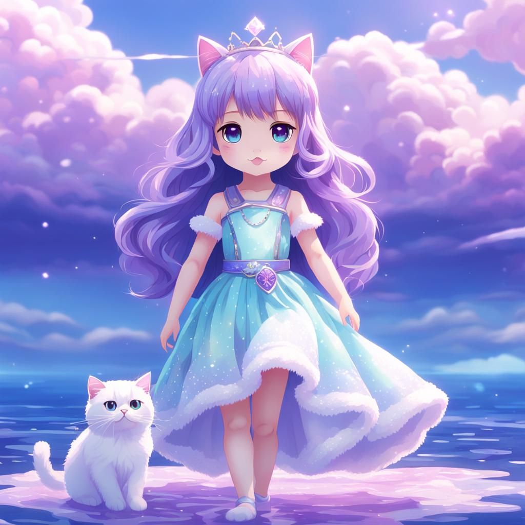 Ethereal Anime Princess and Cat on Purple Ocean
