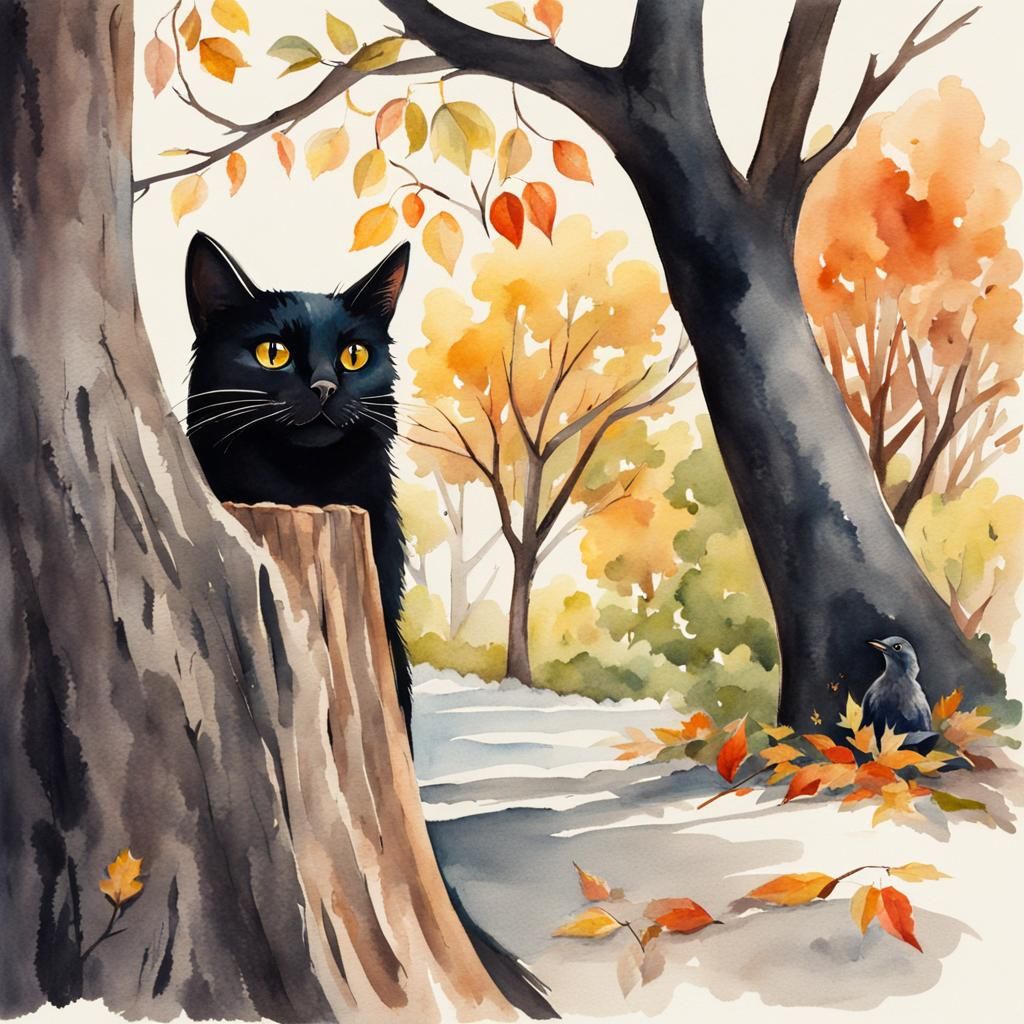 Cat and Crow in Watercolor Illustration