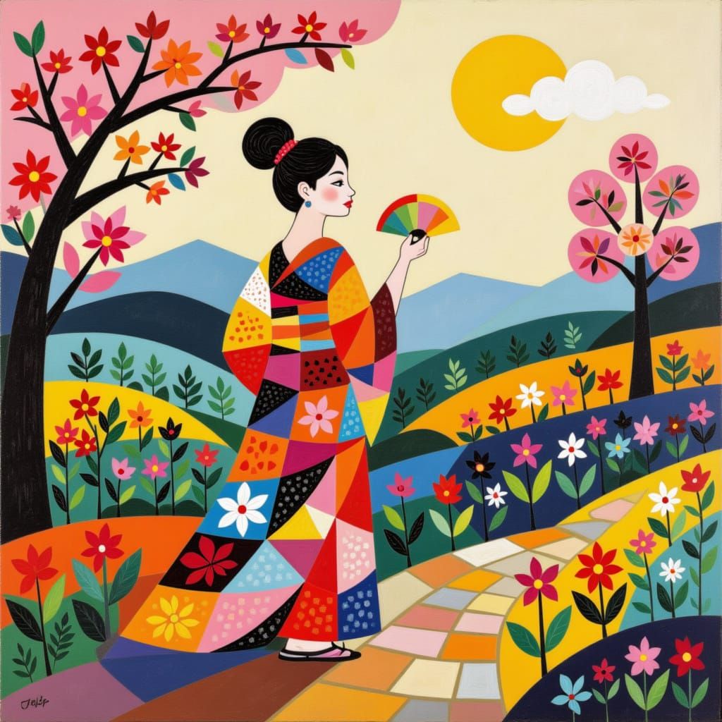 Geisha in Japanese Garden Holding Fan