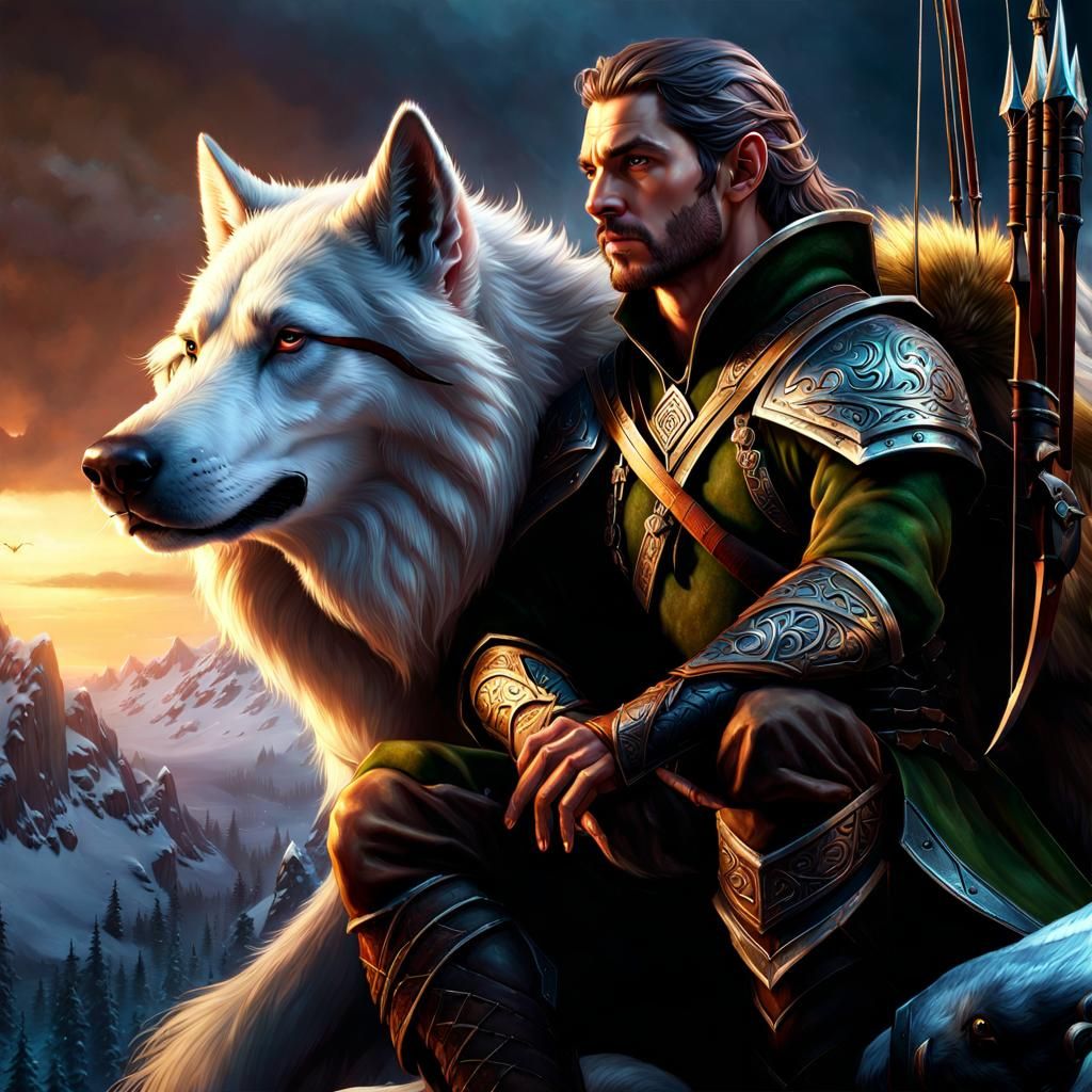Elven Archer and Dire Wolf: Dark Fantasy Art