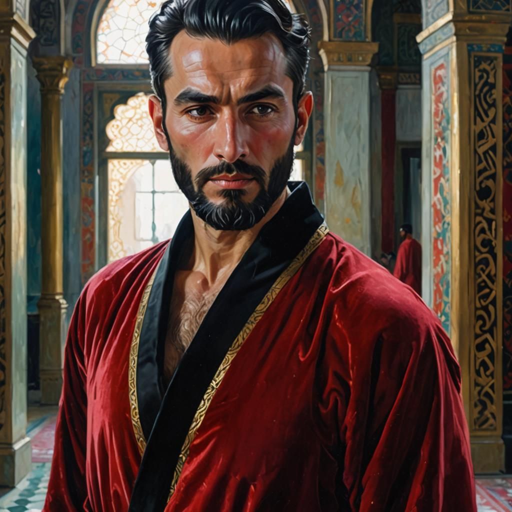 Vintage Impressionist Mosque Portrait in Red Velvet