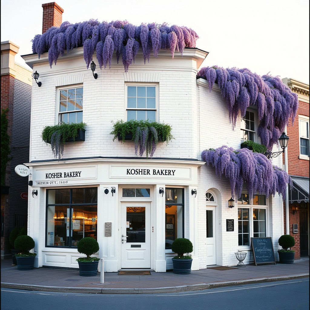 French Kosher Bakery with Wisteria, Cinematic Style