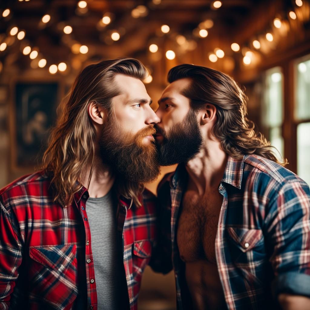 Happy Lumberjacks Kiss in Maximalist Room: Photo