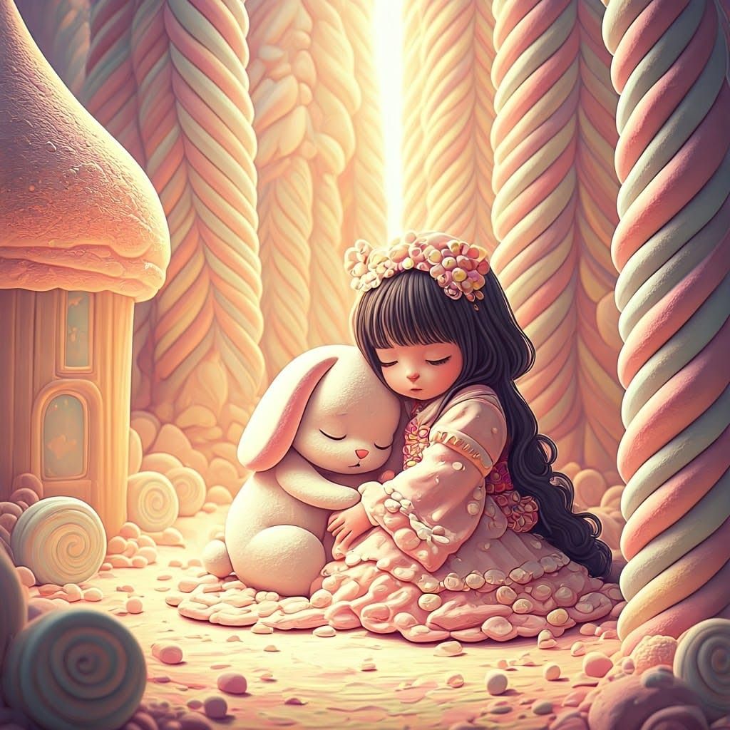 Marshmallow Princess with Rabbits in Surreal Forest