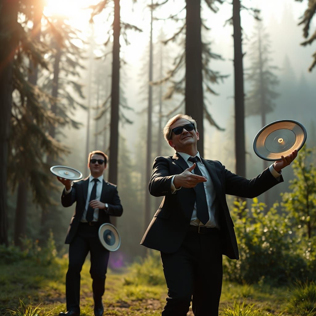 Men in Black Play Disc Golf in a Futuristic Forest