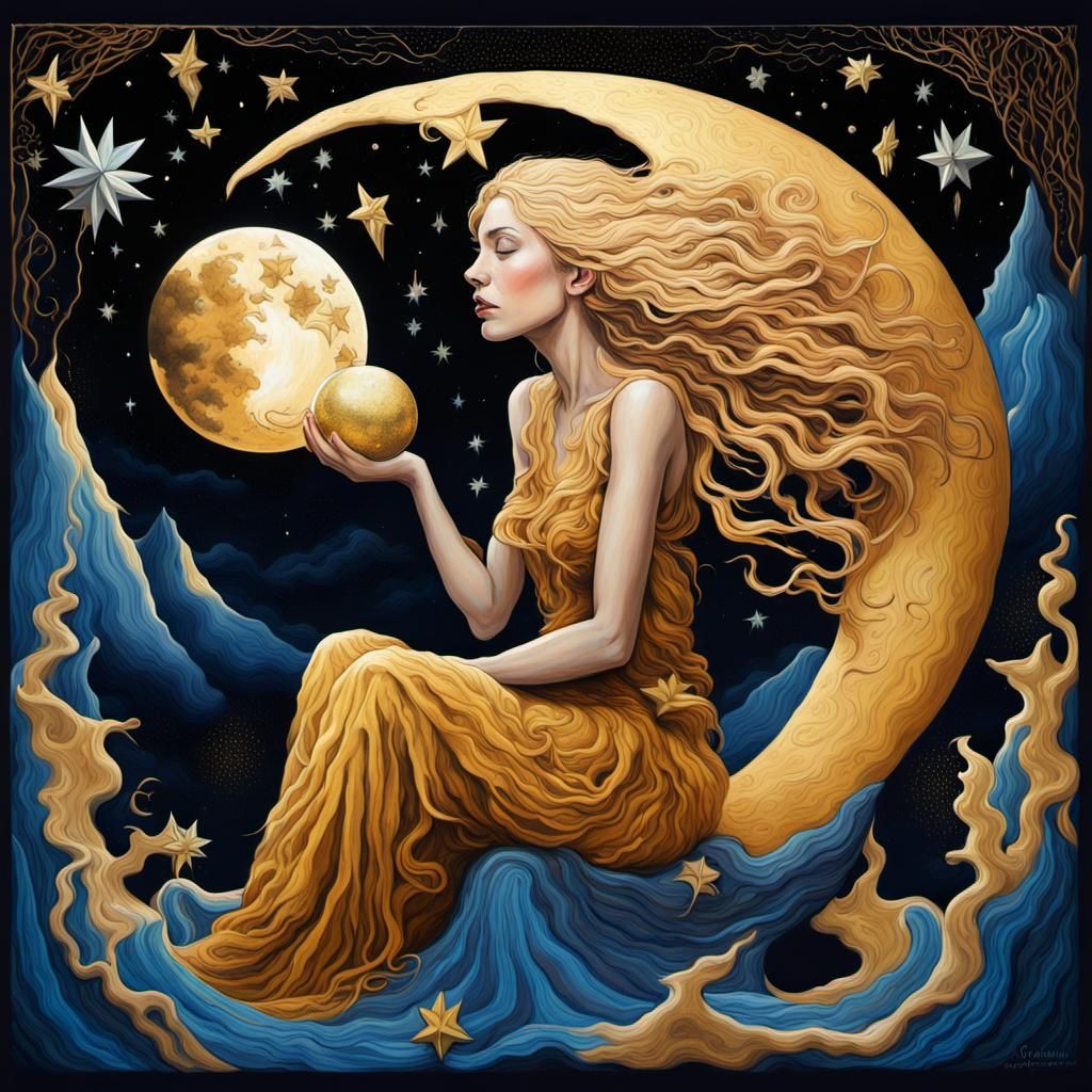 Golden Haired Woman on Melting Moon, Digital Art