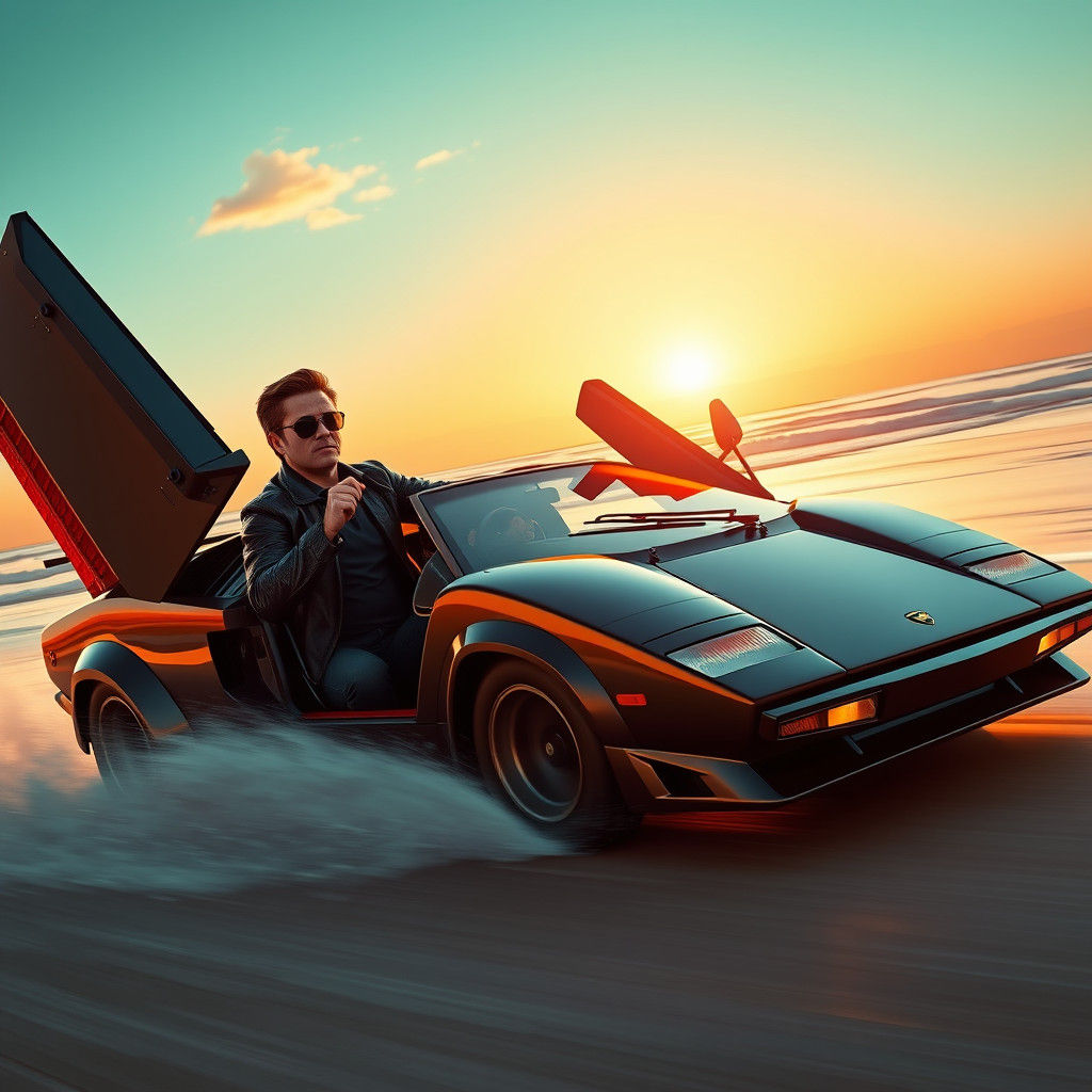 Lamborghini Countach on Beach in Matte Painting Style