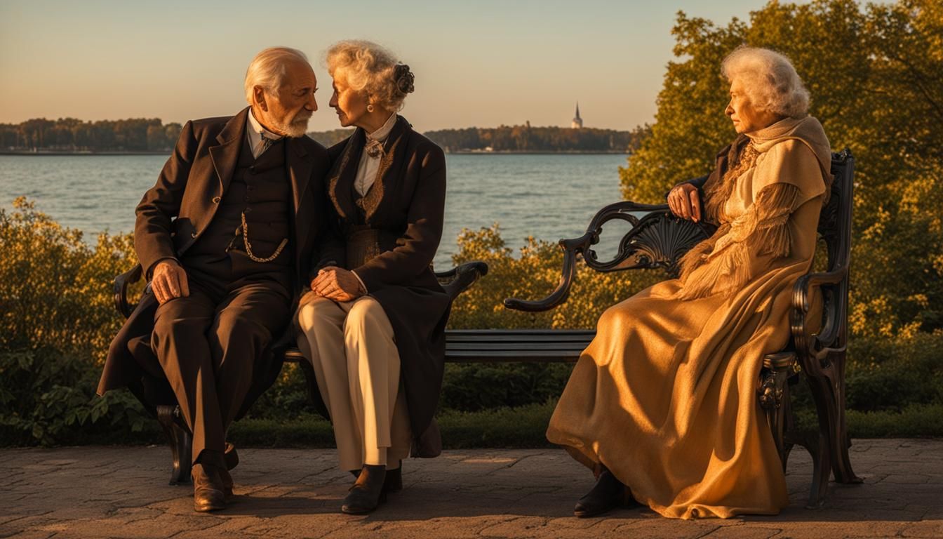 Elderly Couple at Sunset in Art Nouveau Setting