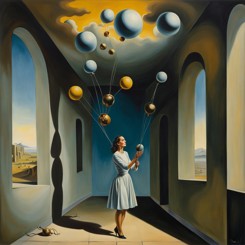 Surreal Woman Juggling Fear: Dali-esque Oil Painting