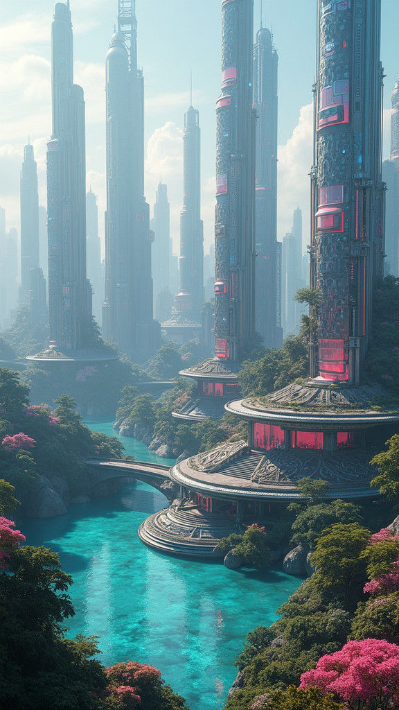 Futuristic Cityscape with Holographic Skyscrapers and Floati...