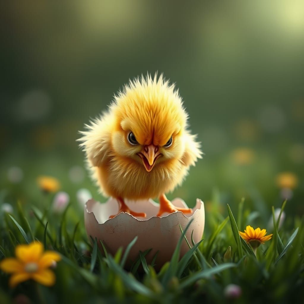 Grumpy Chick Emerges: A Hyperrealistic Digital Painting