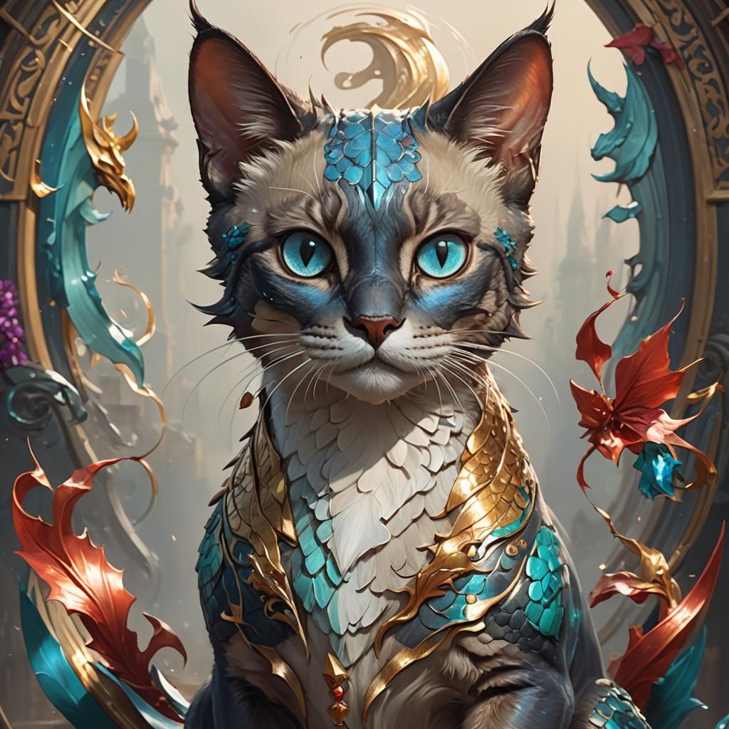 Dragon Siamese Cat Portrait in Hyperdetailed Style