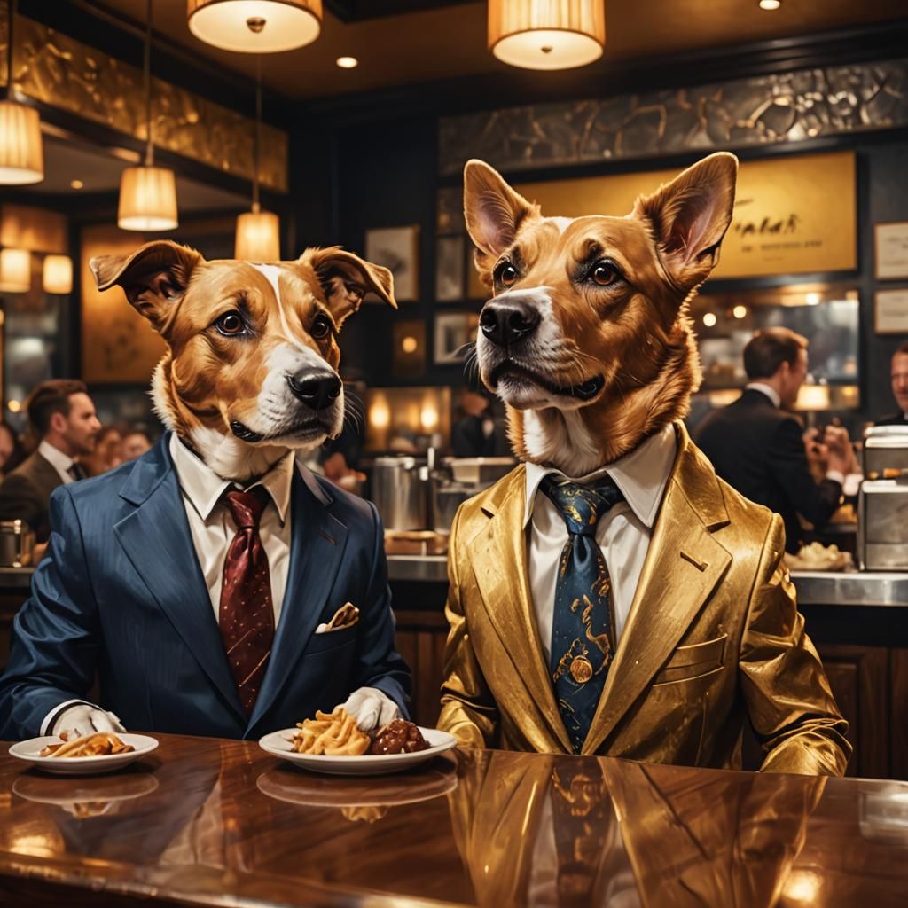 Dogs in Suits Order Food: Vibrant Digital Art