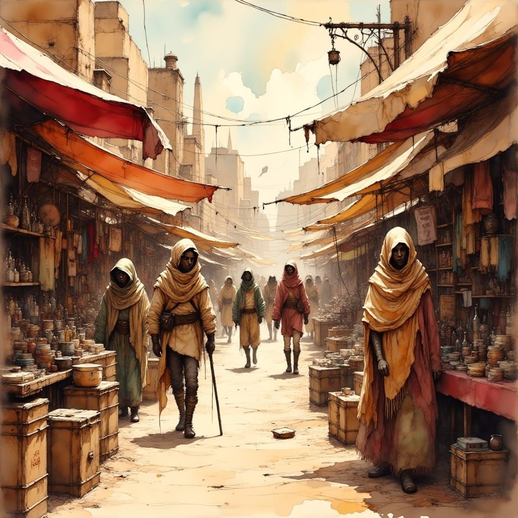 <lora:Ink Poet:1.0> Bustling, sun‑blasted bazaar on a desert world  of "Tatooine" straight out of Star Wars. The planet ...