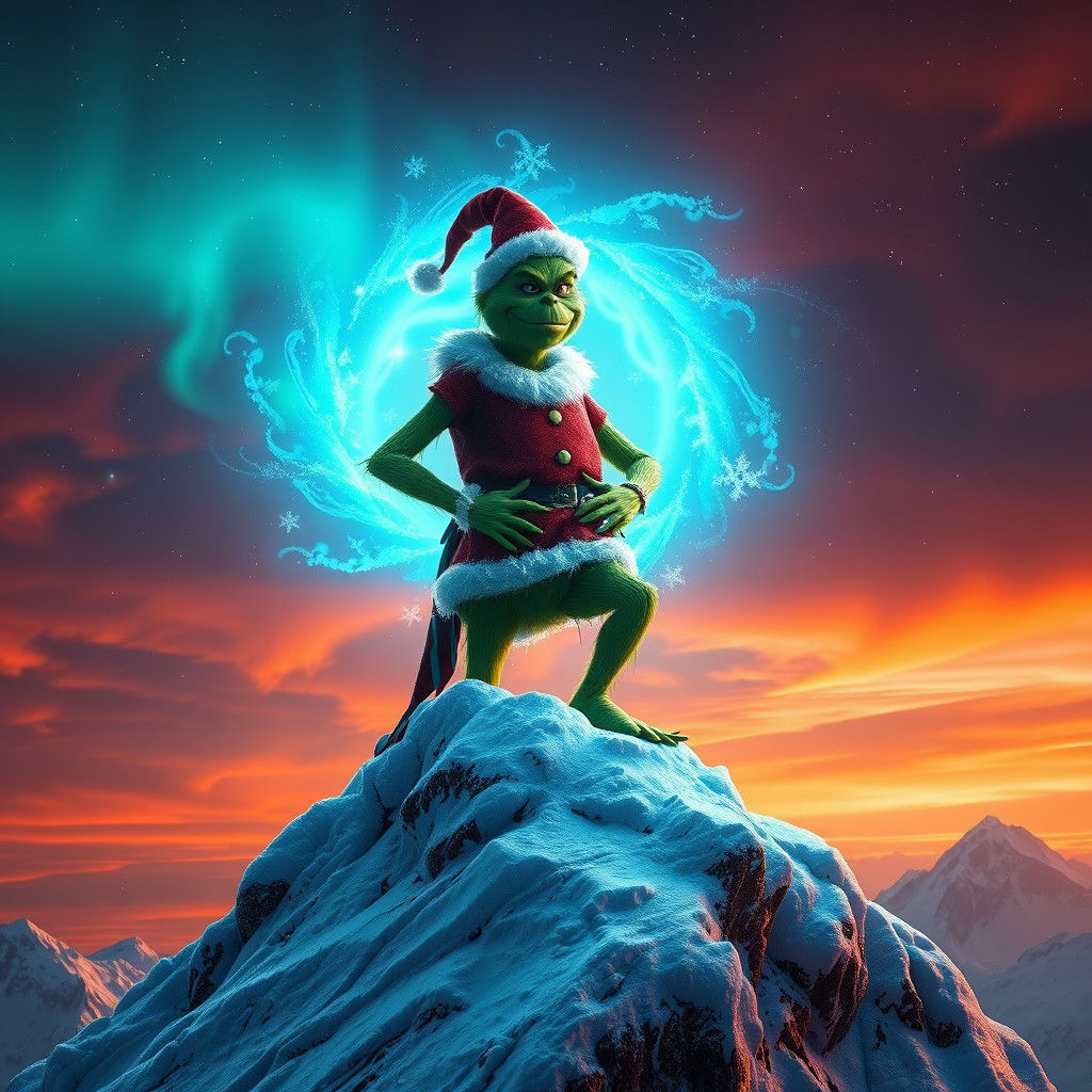 Grinch on Snowy Peak with Aurora, Digital Art