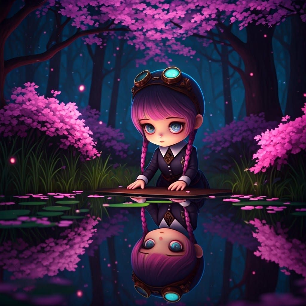 Steampunk Wednesday Addams with Mirrored Reflection