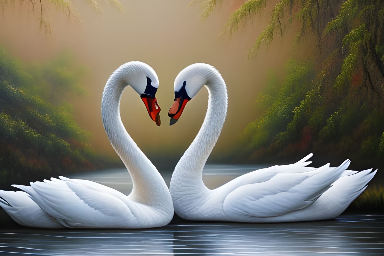 Swans Form a Heart: Romantic Realism in Oil
