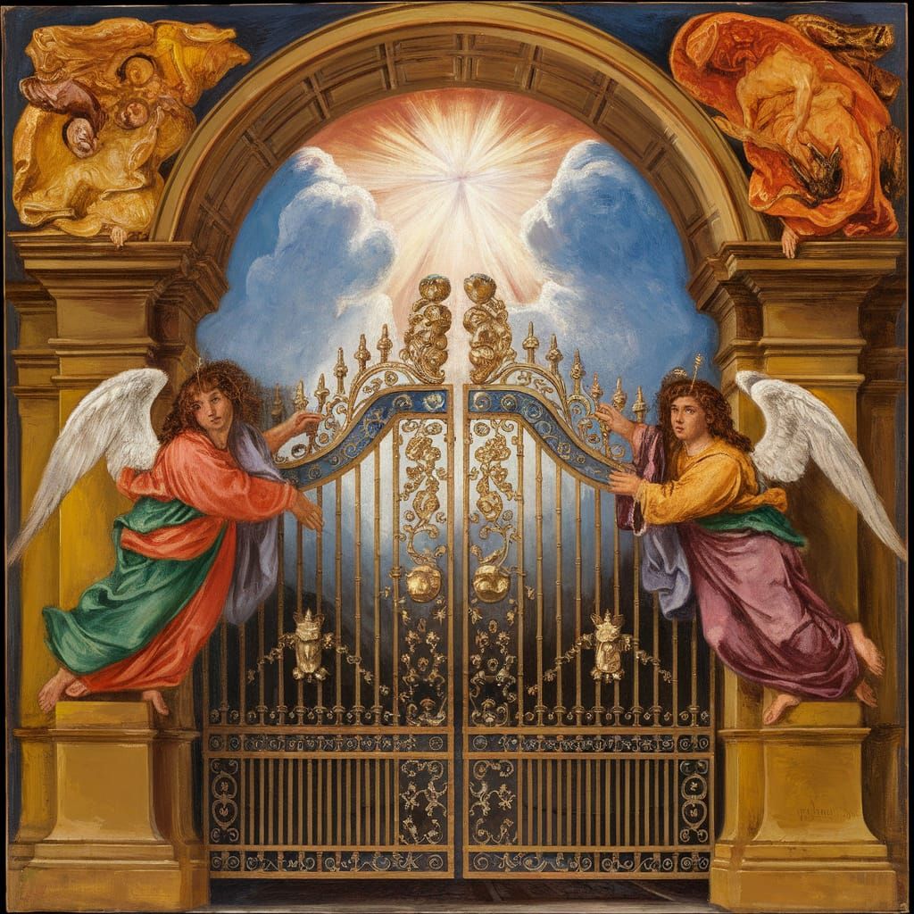 Heavenly Gates Guarded by Seraphim Angels in Oil Painting