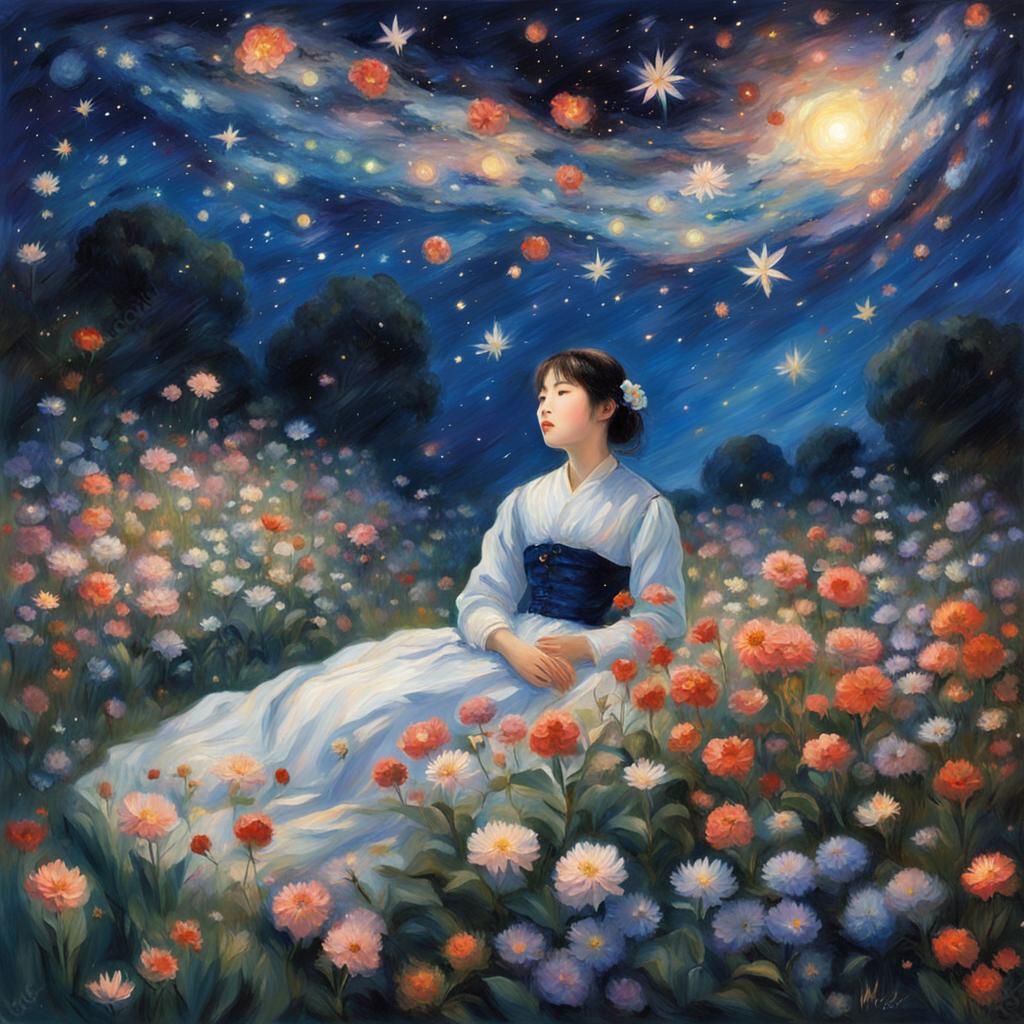 Girl Gazing at Galaxy in Impressionist Garden