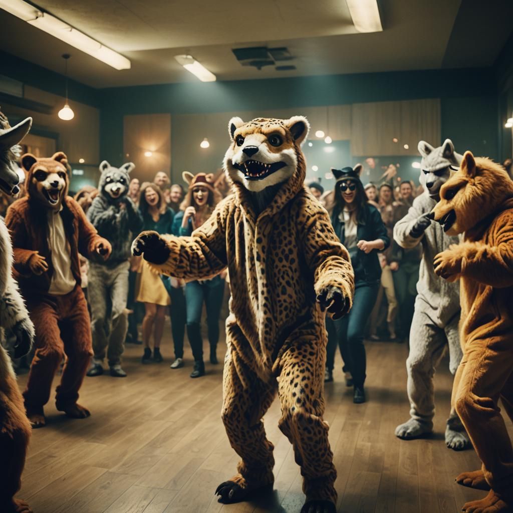 Lively Furry Animal Costume Party, Cinematic Film Still