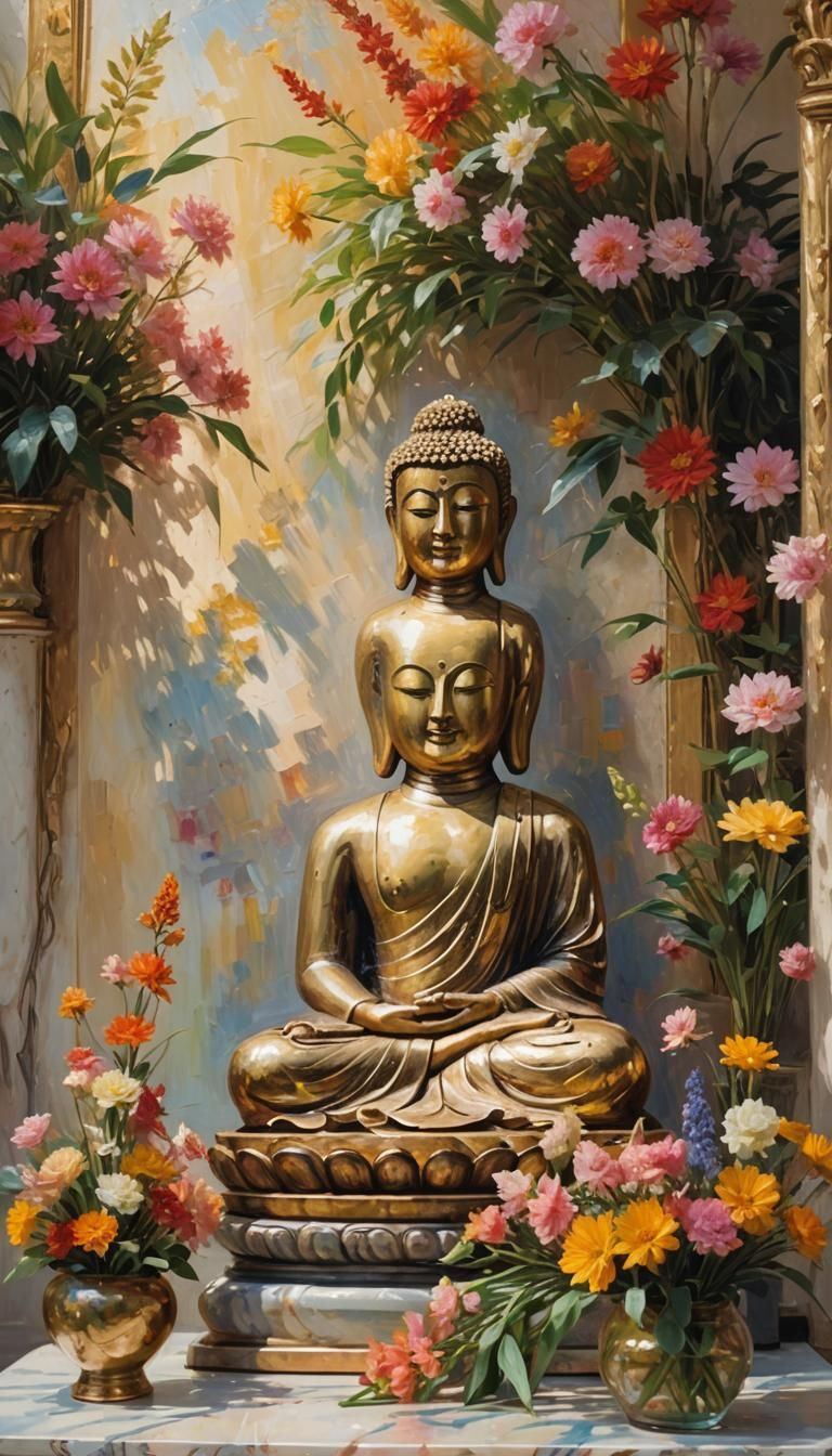 Buddha Statue with Flowers in Impressionist Style