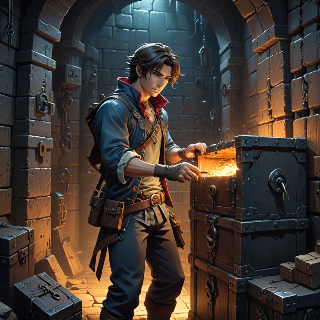 Adventurer Picking Lock of Dungeon Chest, Anime Style