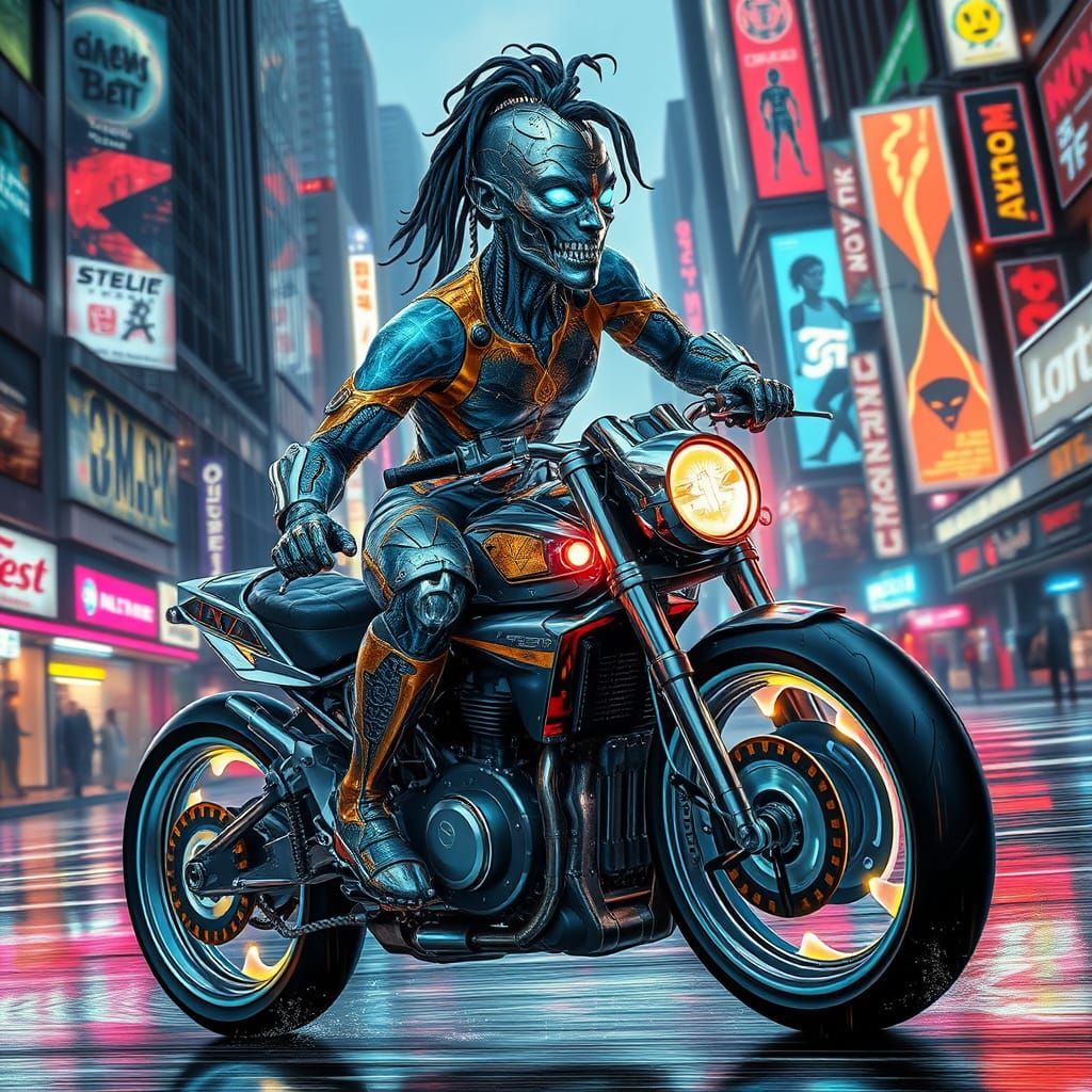 Cyberpunk Mutant Races Futuristic Motorcycle Through Neon Ci...