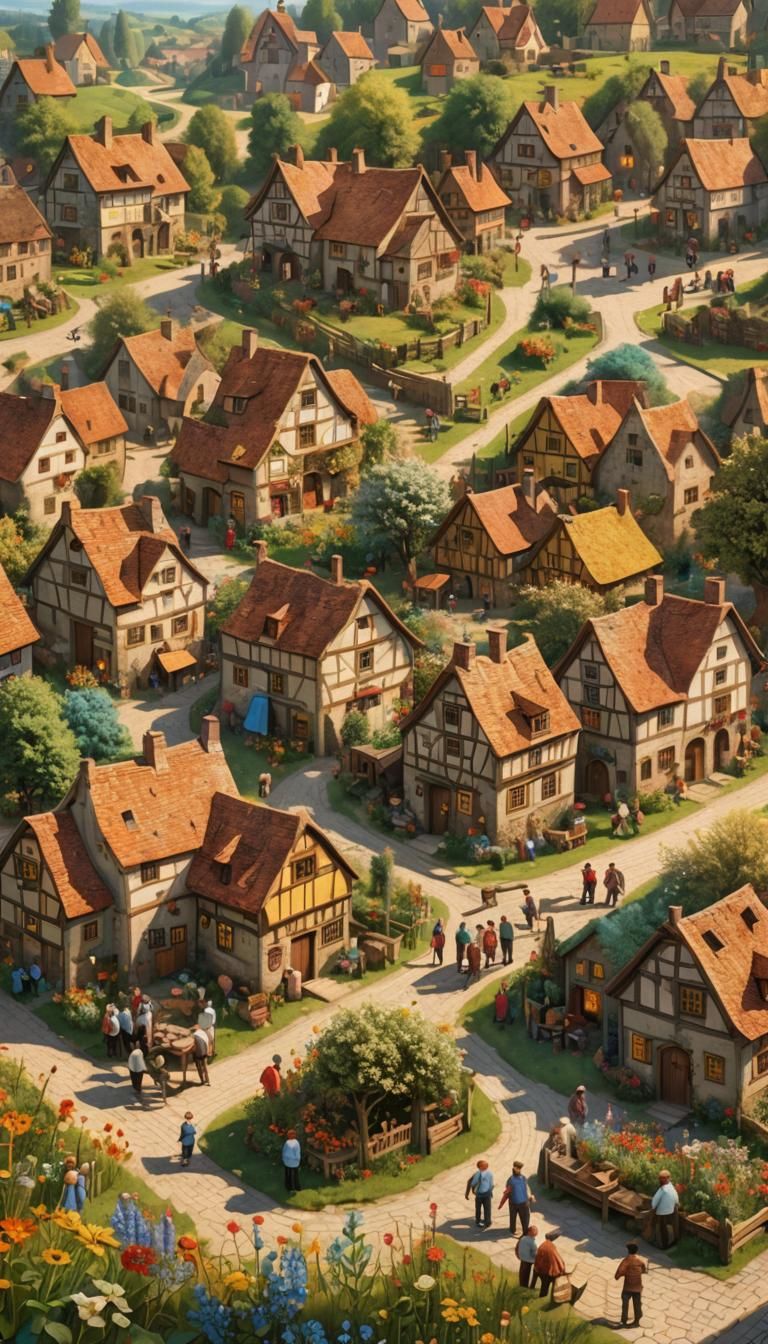 Idyllic Village Scene in Folk Art Style