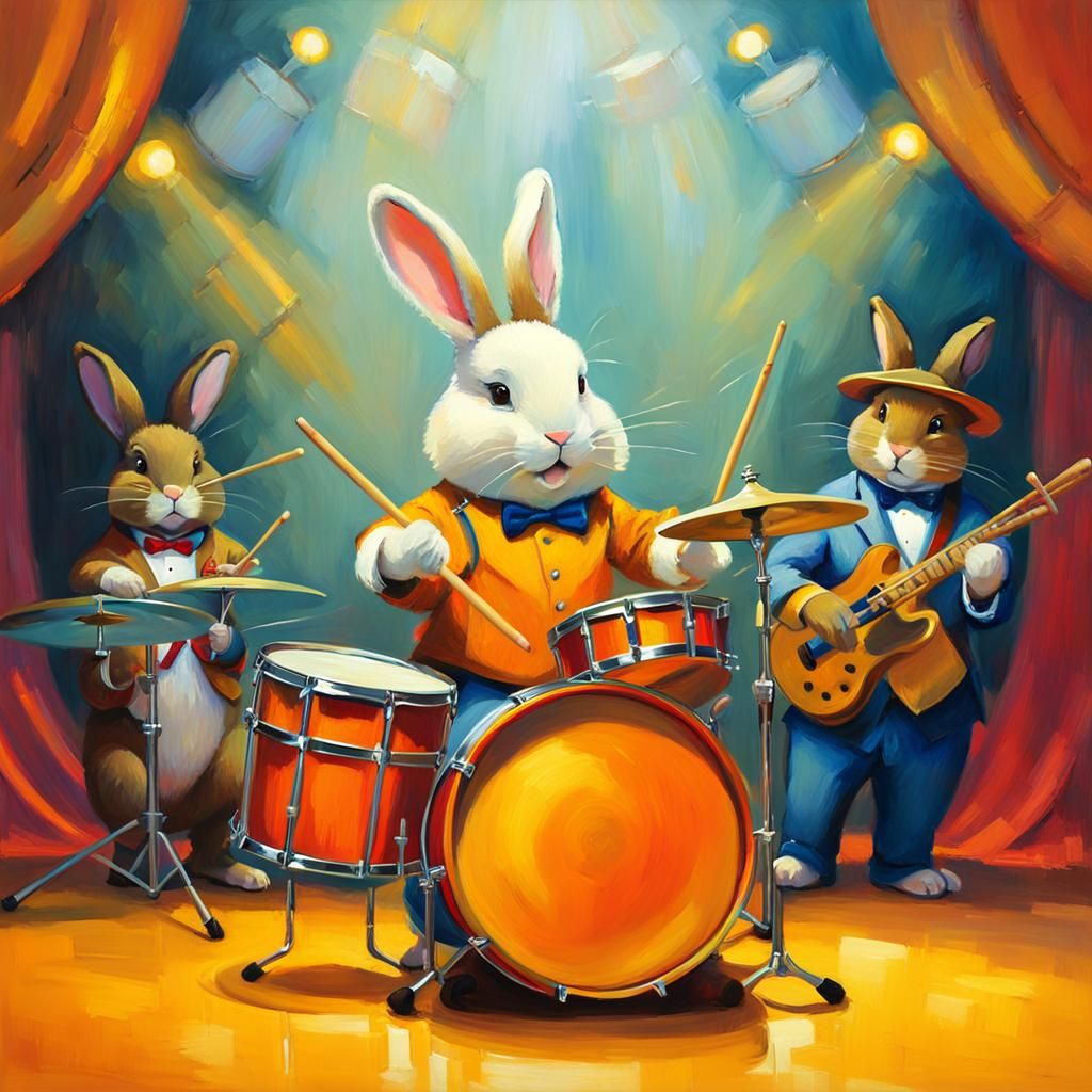 Bunny Drummer in Impressionist Style Band