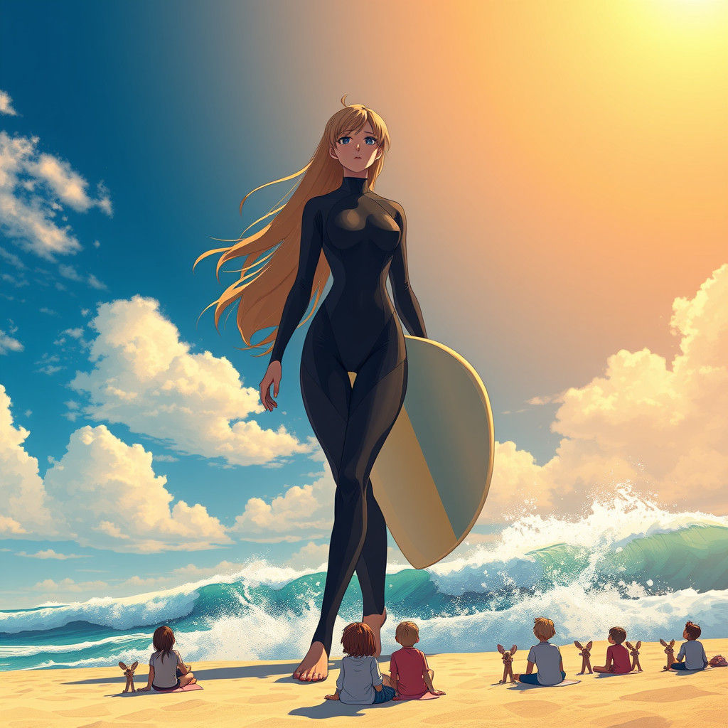 Colossal Surfer Dominates Beach in Anime Style