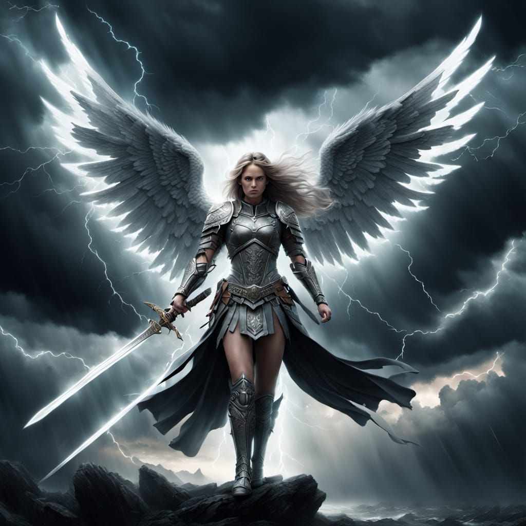Ethereal Angel with Sword in Dramatic Sky
