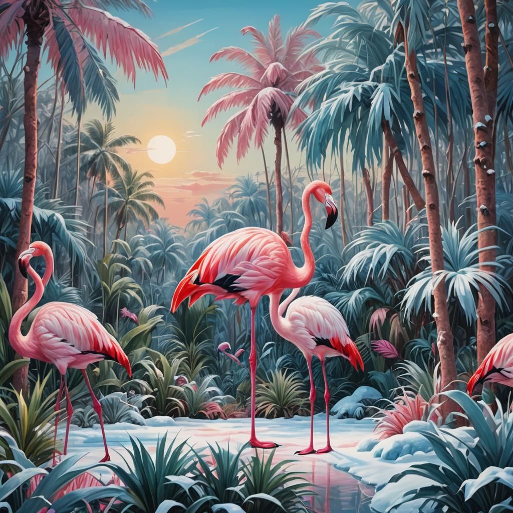Surreal Flamingo and Polar Bear in Oil Painting