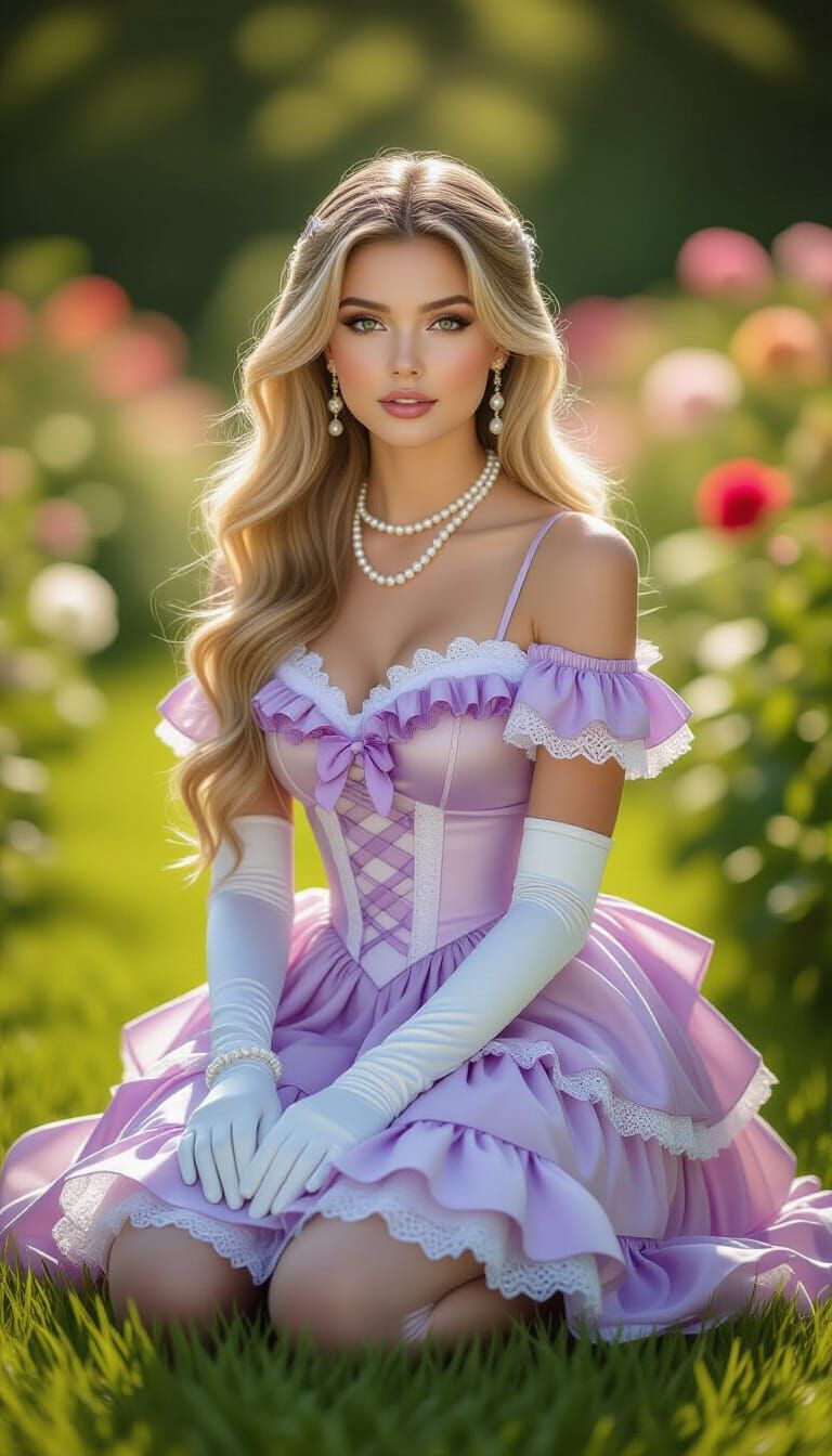 Elegant Woman in Ruffled Dress Poses in Vibrant Garden