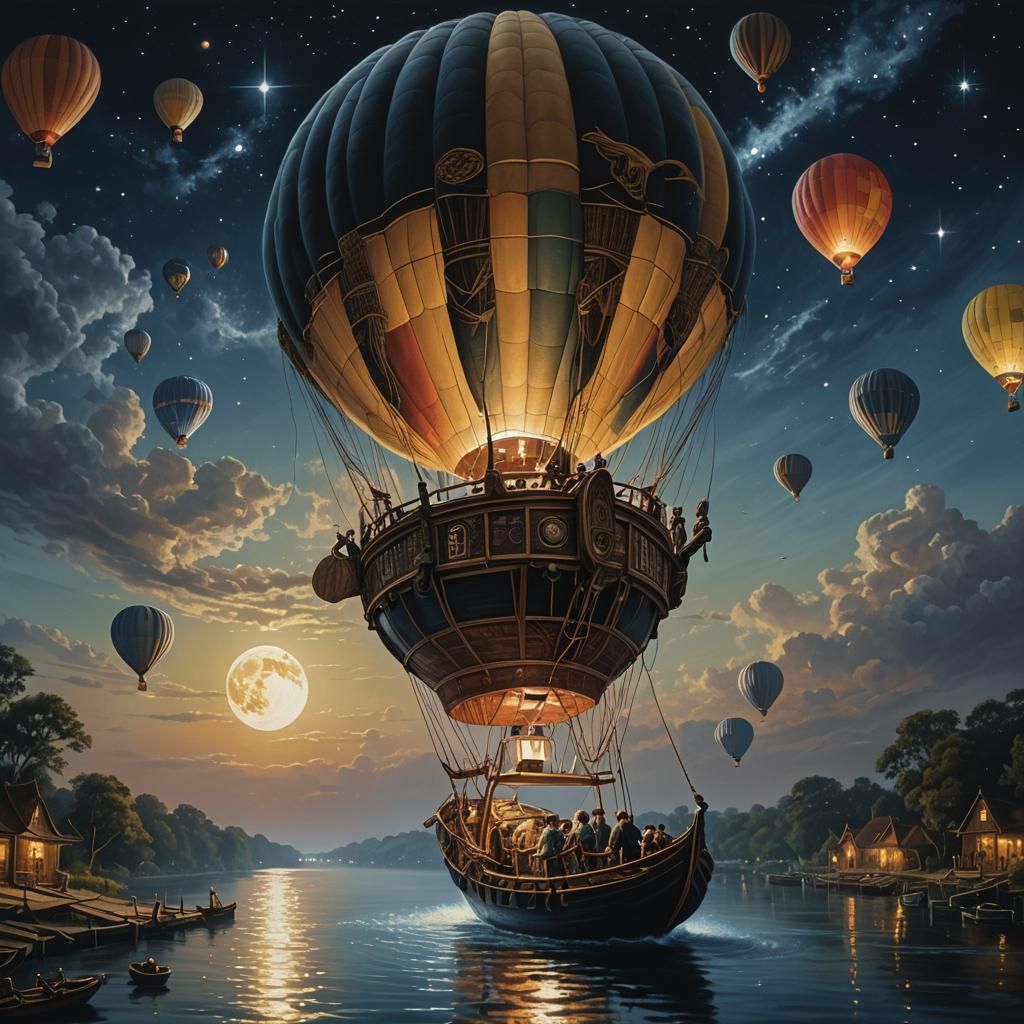 Boat Hanging from Hot Air Balloon at Night