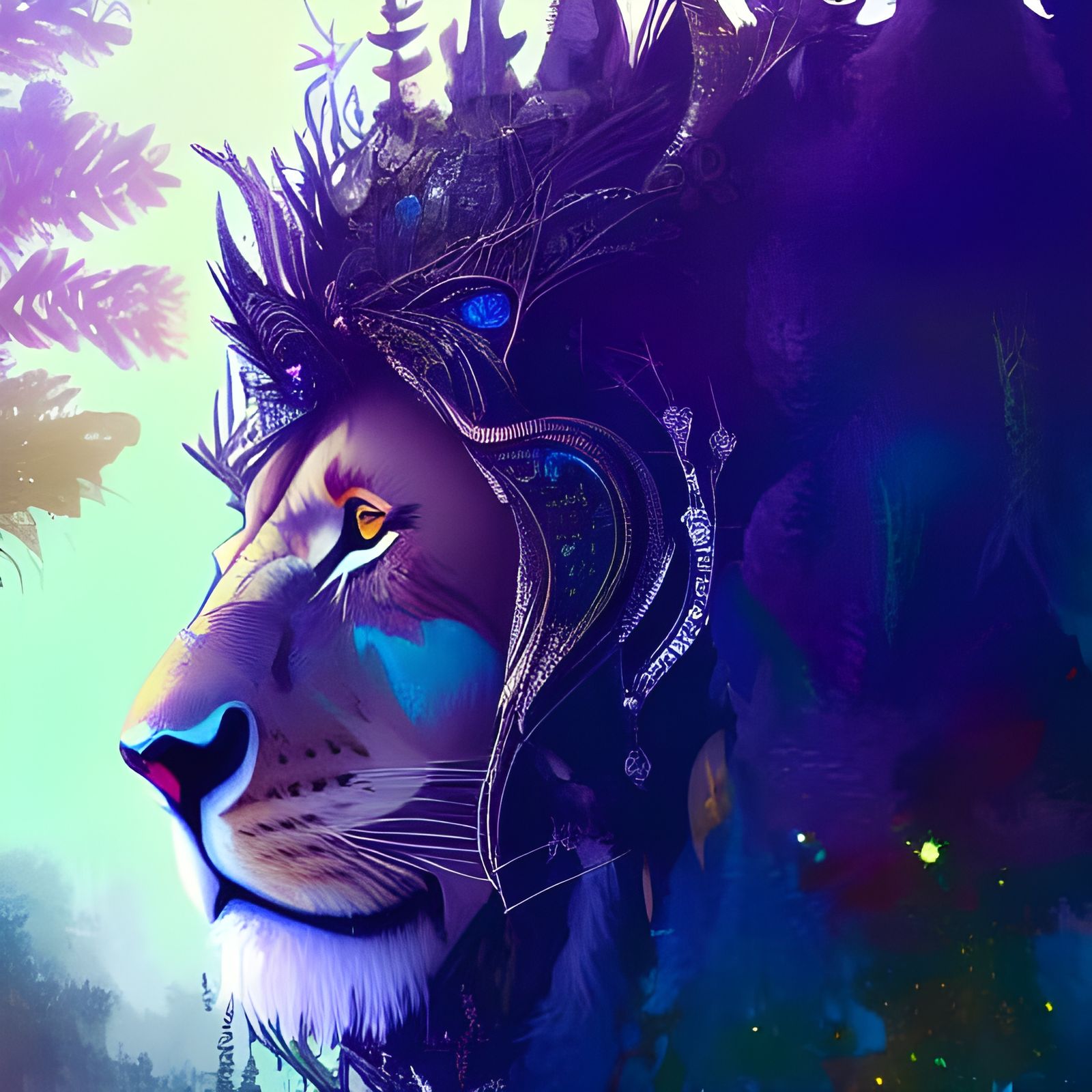 Armored Lion in Crystalline Forest: Digital Illustration