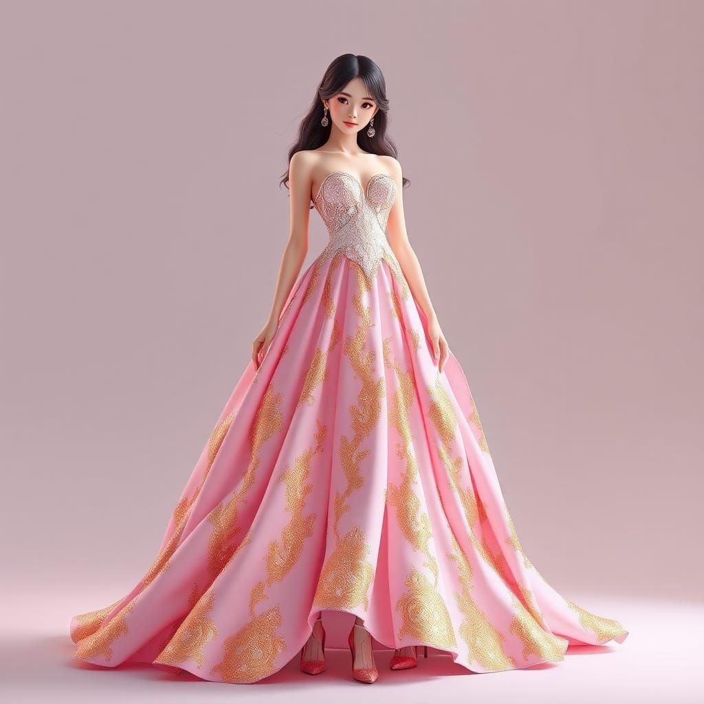 Elegant Woman in Pink Gown: 3D Anime Art