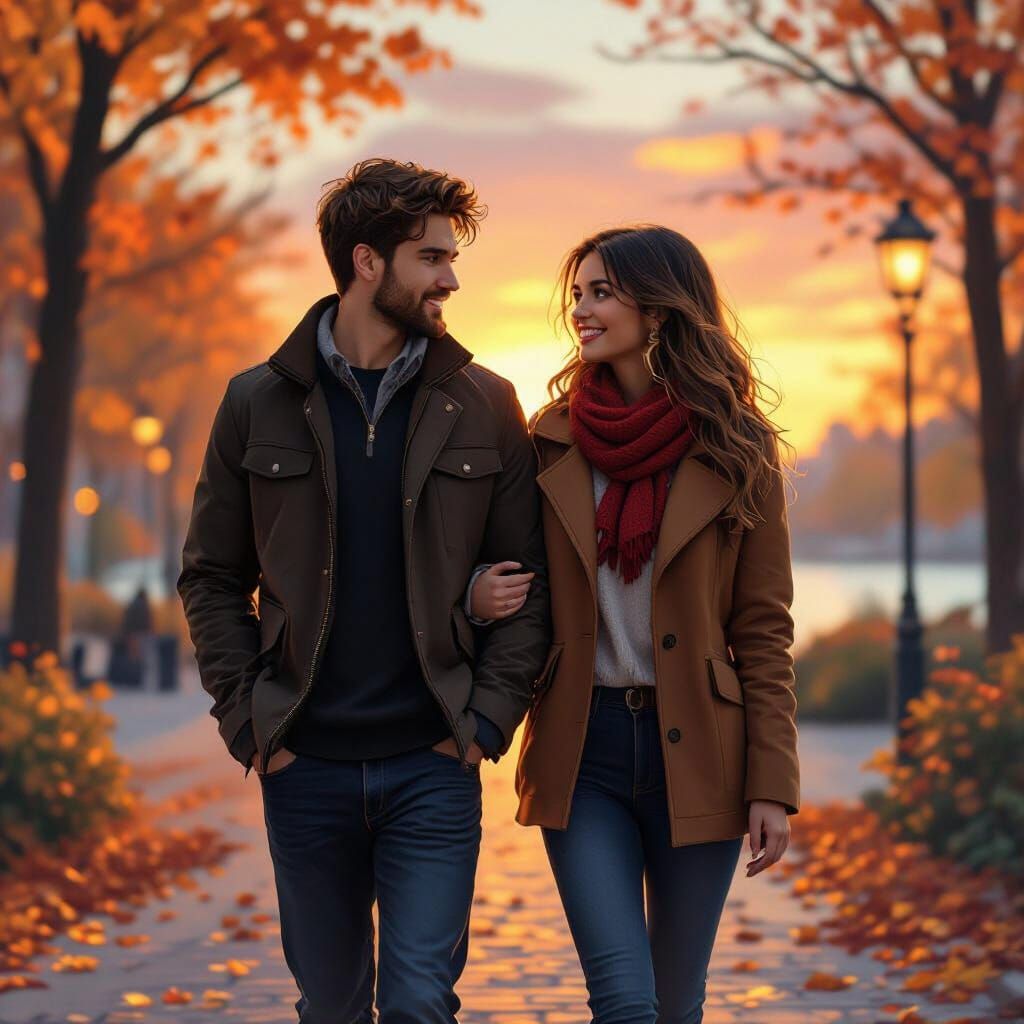 Romantic Sunset Walk: Hyperdetailed Portrait