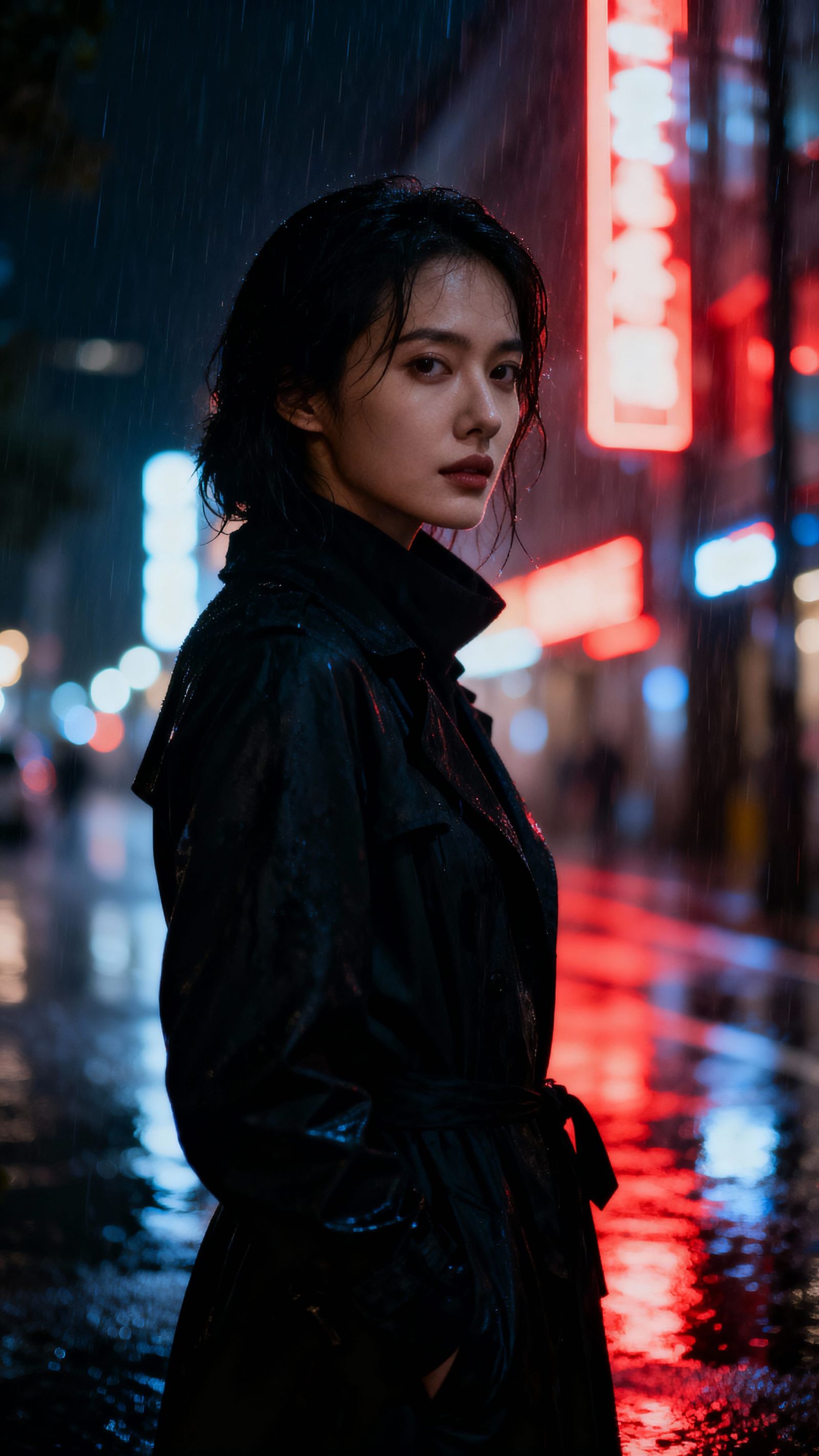 Mysterious Woman in Neon Rain: Cinematic Portrait